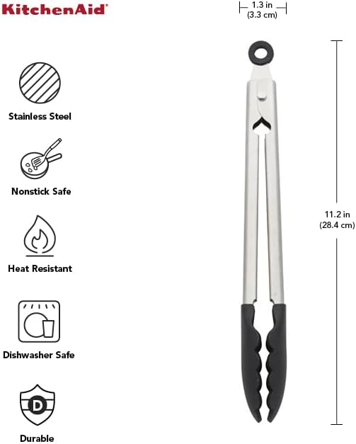 KitchenAid Silicone Tipped Stainless Steel Tongs, 12 Inch, Black