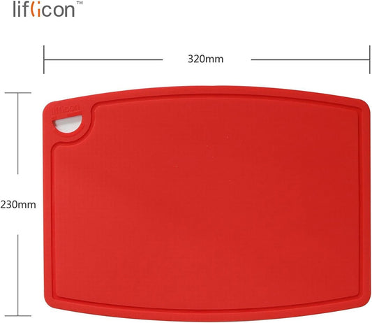 Liflicon Thick Silicone Cutting Board 12.6'' x 9.1'' Juice Grooves Easy Grip Handle Dishwasher Safe-Red