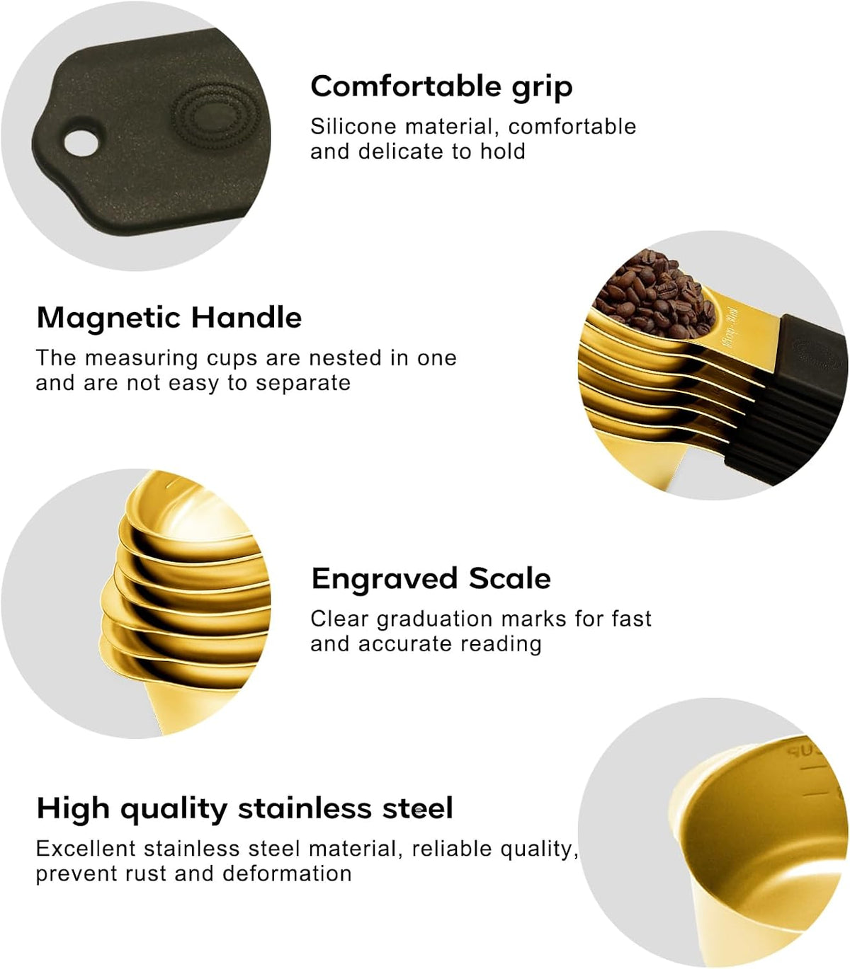 Magnetic Measuring Cups and Spoons Set of 15-304 Stainless Steel Gold Cups