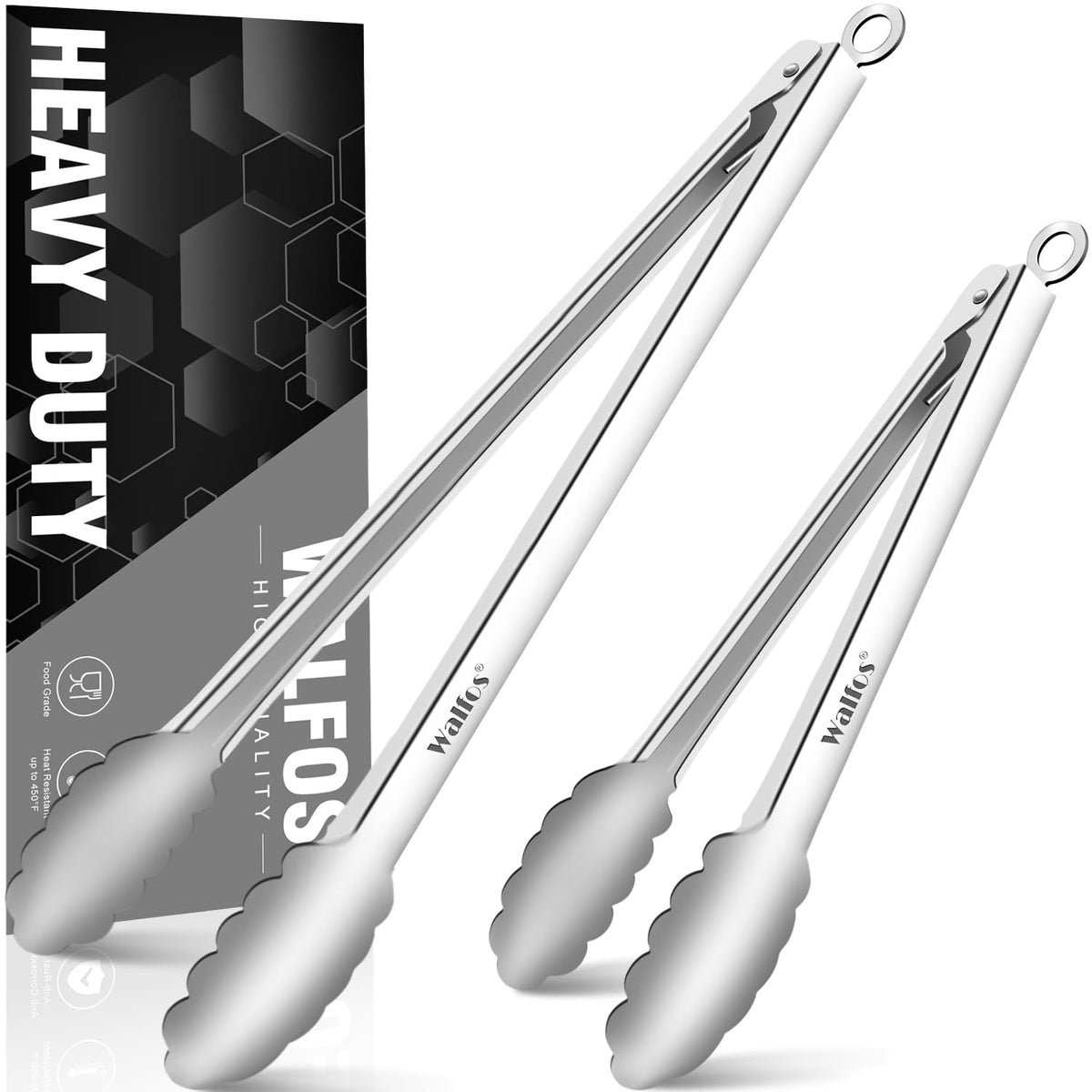 Walfos Kitchen Tongs for Cooking, 600℉ Heat Resistant Stainless Steel Tongs, All Metal Heavy Duty Tongs For Food ,BBQ Grilling - 7 ,9 and 12 Inch ,Set of 3