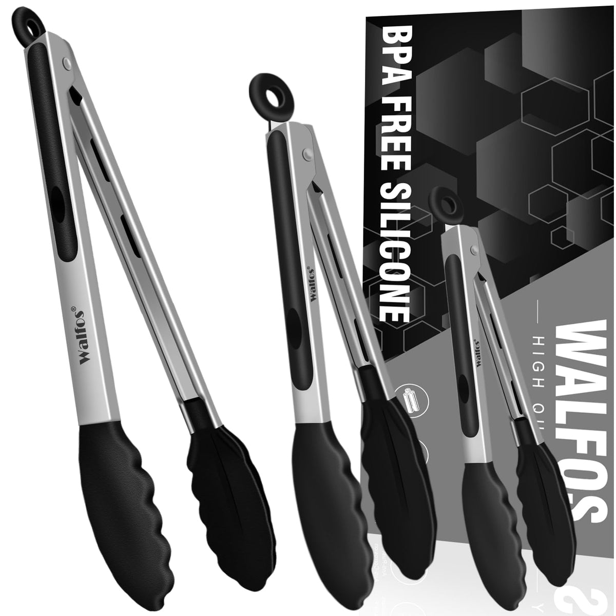 Food Grade Stainless Steel Kitchen Tongs for Cooking,BBQ - 7 ,9 and 12 Inch,Set of 3 Heavy Duty Locking Metal Food Tongs Non-Slip Grip