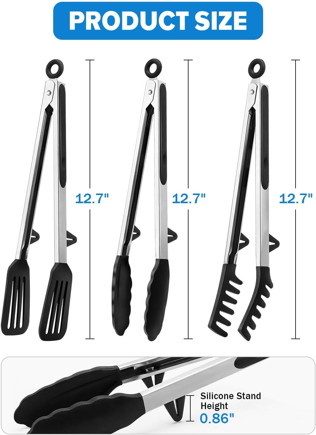 Kitchen Tongs for Cooking, Stainless Steel, Non Scratch Silicone Tip,3 Pack