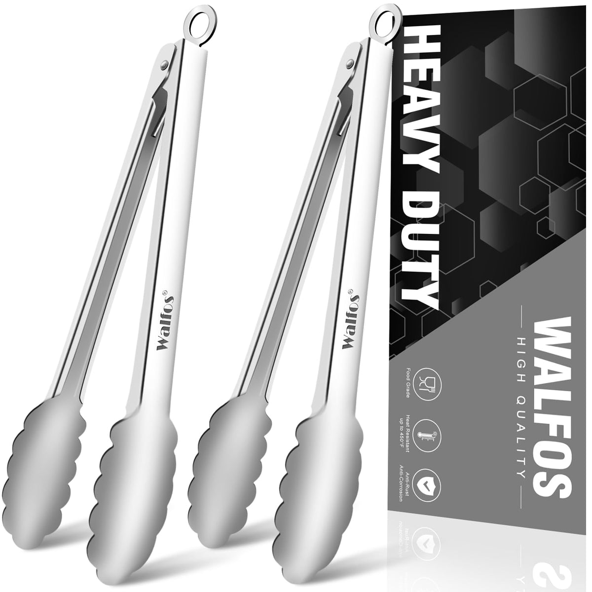 Walfos Kitchen Tongs for Cooking, 600℉ Heat Resistant Stainless Steel Tongs, All Metal Heavy Duty Tongs For Food ,BBQ Grilling - 7 ,9 and 12 Inch ,Set of 3