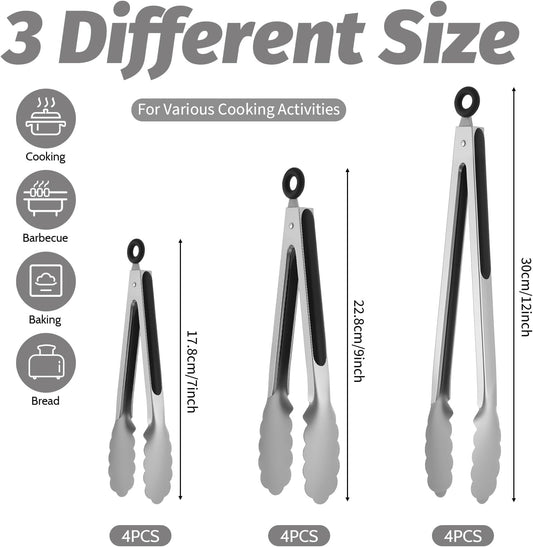 12 Pcs Stainless Steel Kitchen Tongs, 7/9/12 Inches Heat Resistant
