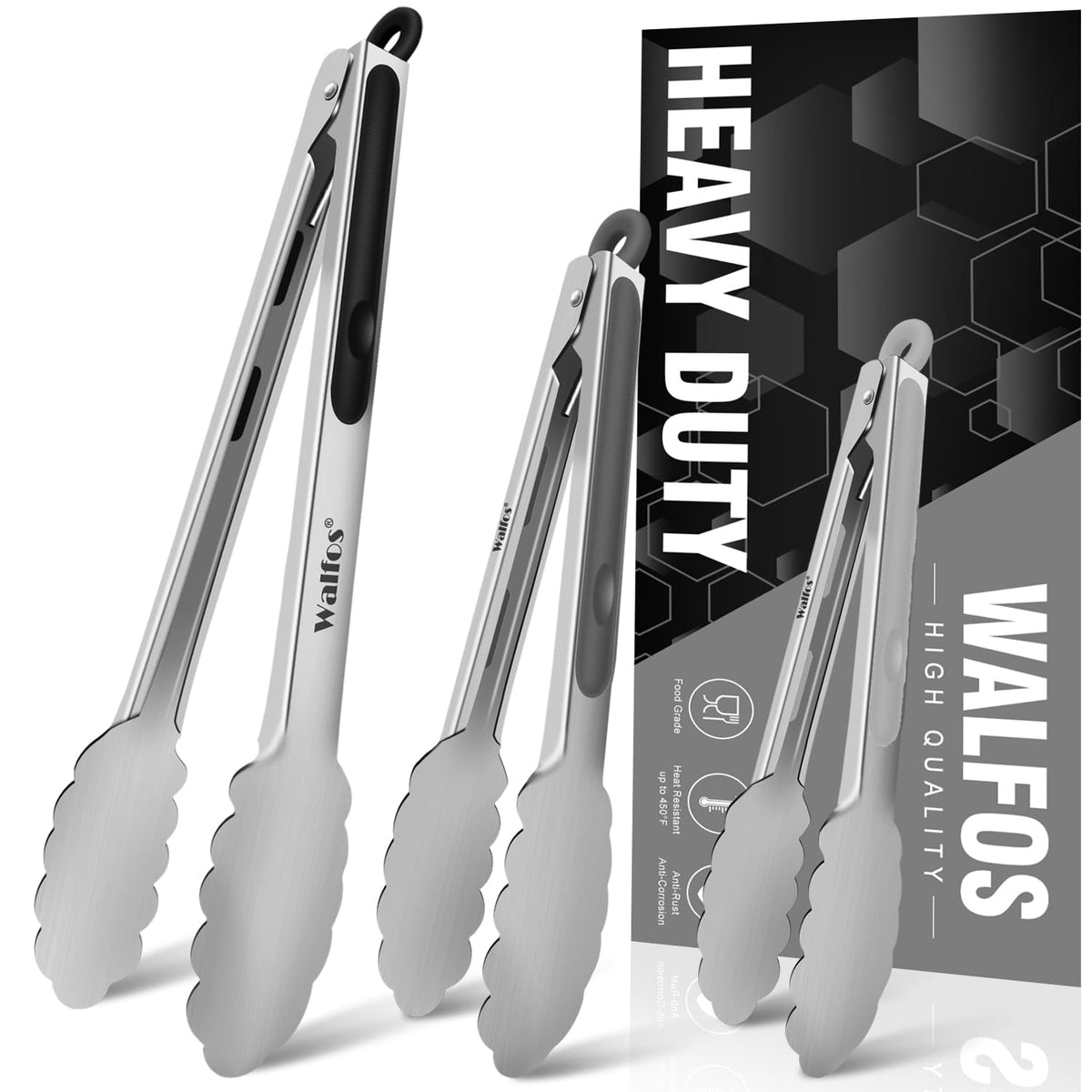Walfos Kitchen Tongs for Cooking, 600℉ Heat Resistant Stainless Steel Tongs, All Metal Heavy Duty Tongs For Food ,BBQ Grilling - 7 ,9 and 12 Inch ,Set of 3