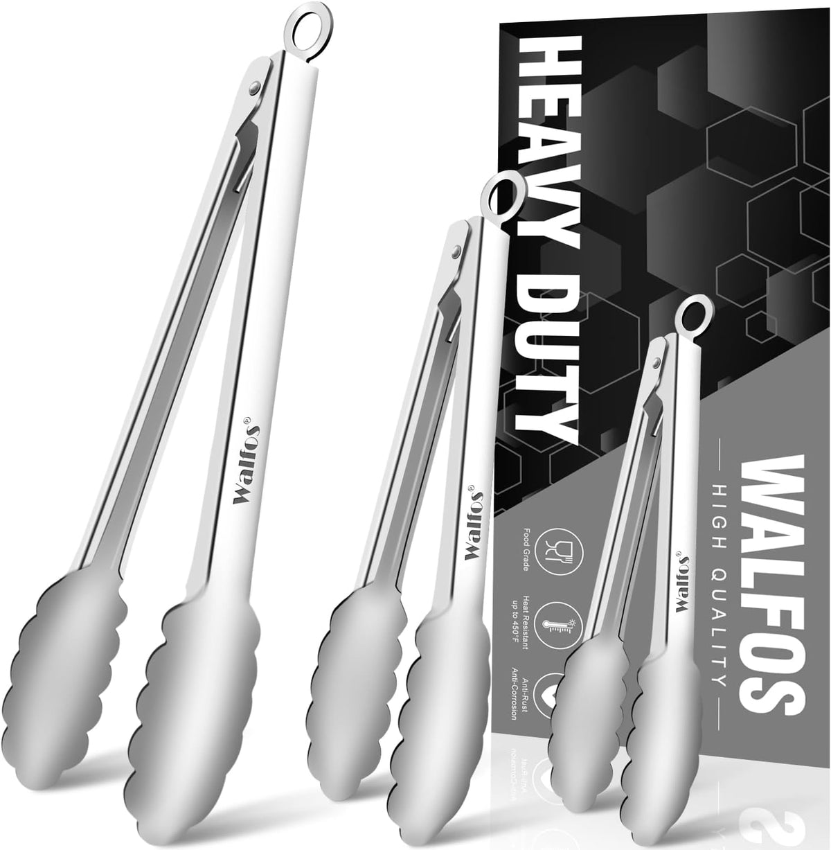 Walfos Kitchen Tongs for Cooking, 600℉ Heat Resistant Stainless Steel Tongs, All Metal Heavy Duty Tongs For Food ,BBQ Grilling - 7 ,9 and 12 Inch ,Set of 3