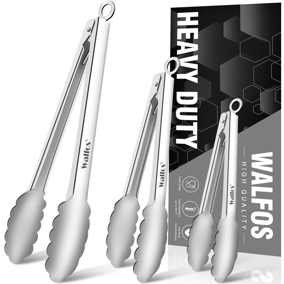 Walfos Kitchen Tongs for Cooking, 600℉ Heat Resistant Stainless Steel Tongs, All Metal Heavy Duty Tongs For Food ,BBQ Grilling - 7 ,9 and 12 Inch ,Set of 3