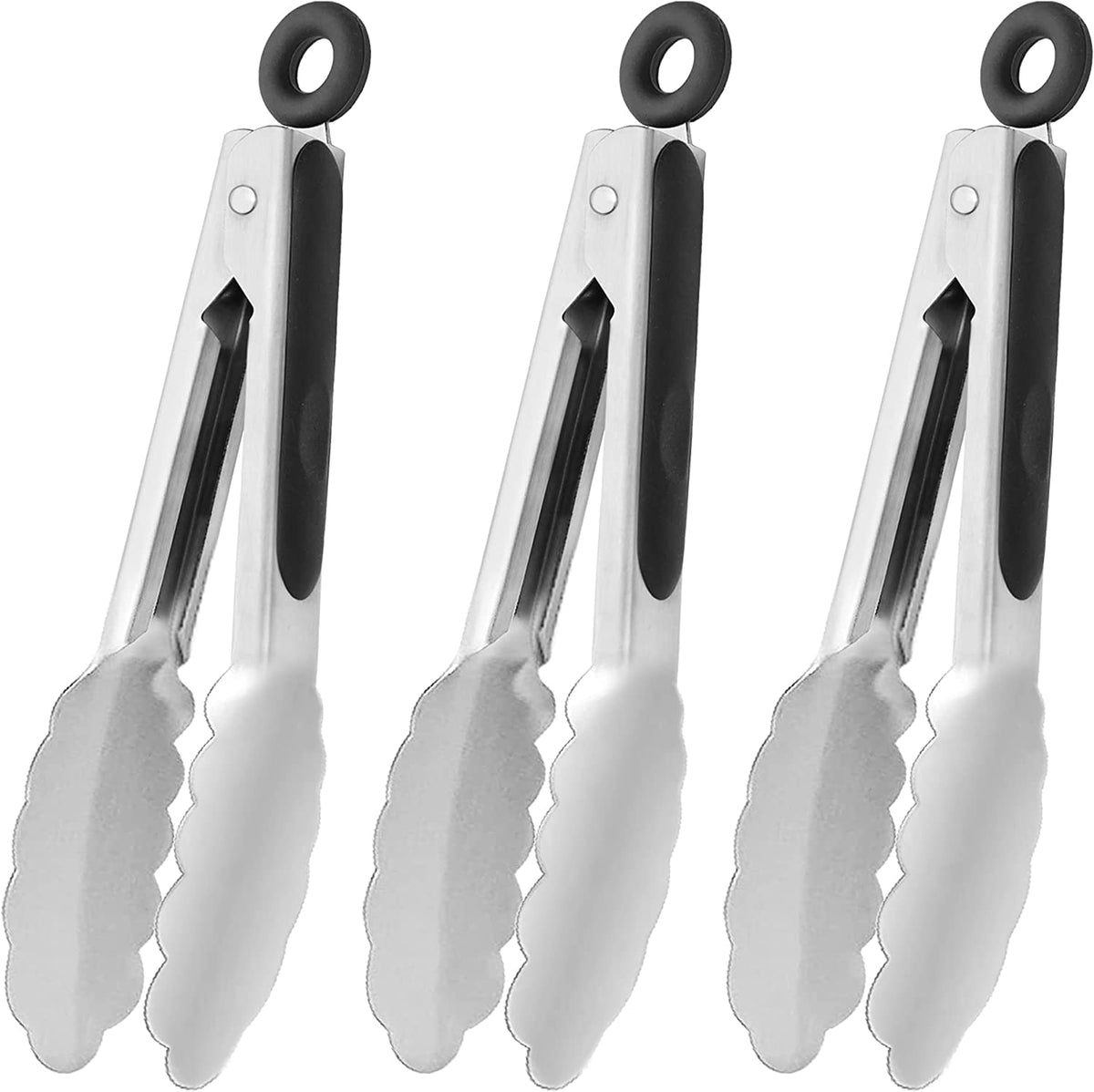 HINMAY Mini Tongs with Silicone Tips 7-Inch Kitchen Tongs, Set of 3 (Black)