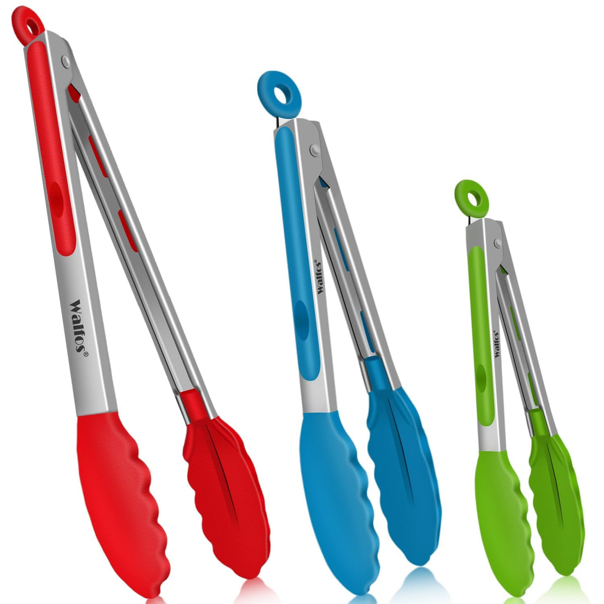 Walfos Kitchen Tongs for Cooking, 600℉ Heat Resistant Stainless Steel Tongs, All Metal Heavy Duty Tongs For Food ,BBQ Grilling - 7 ,9 and 12 Inch ,Set of 3