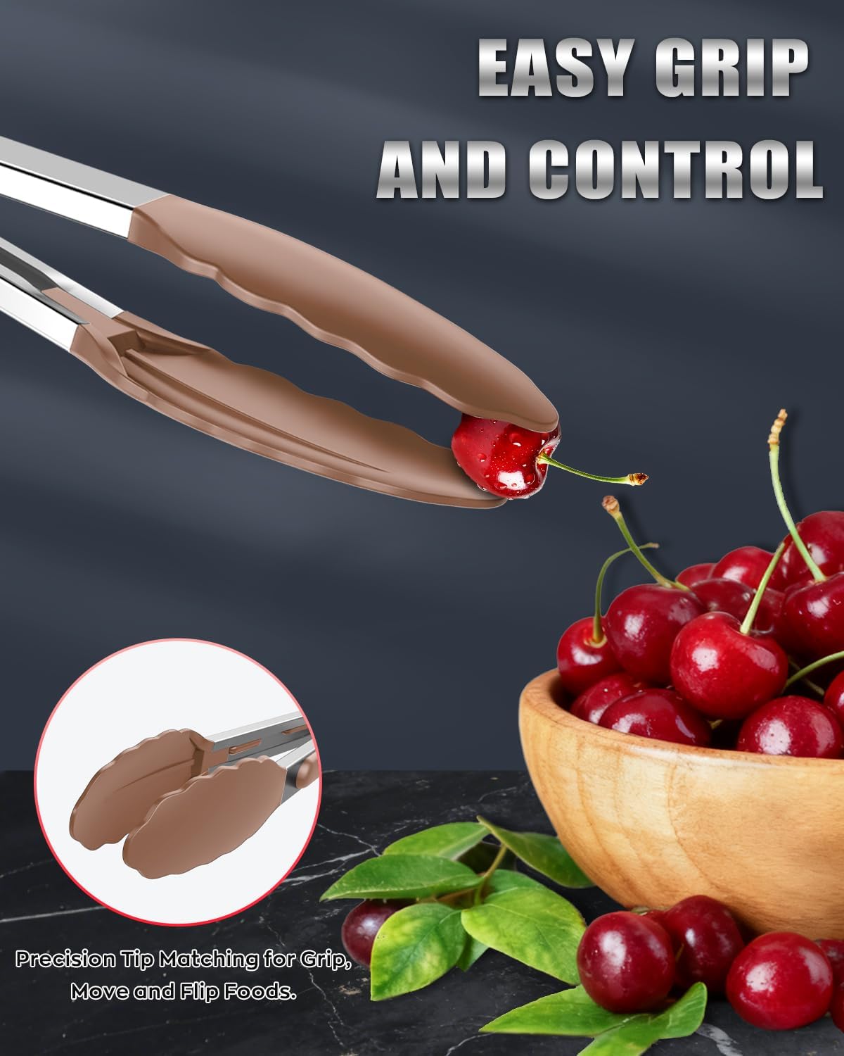 Silicone Kitchen Tongs for Cooking, Stainless Steel, 3PCS, Mud Color
