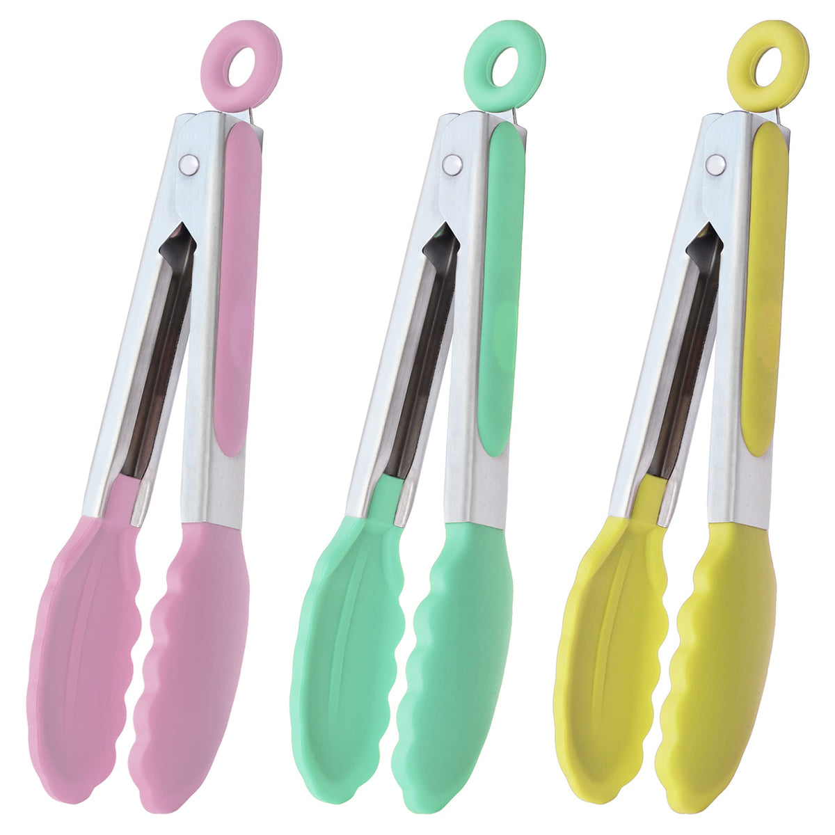 HINMAY Mini Tongs with Silicone Tips 7-Inch Kitchen Tongs, Set of 3 (Black)