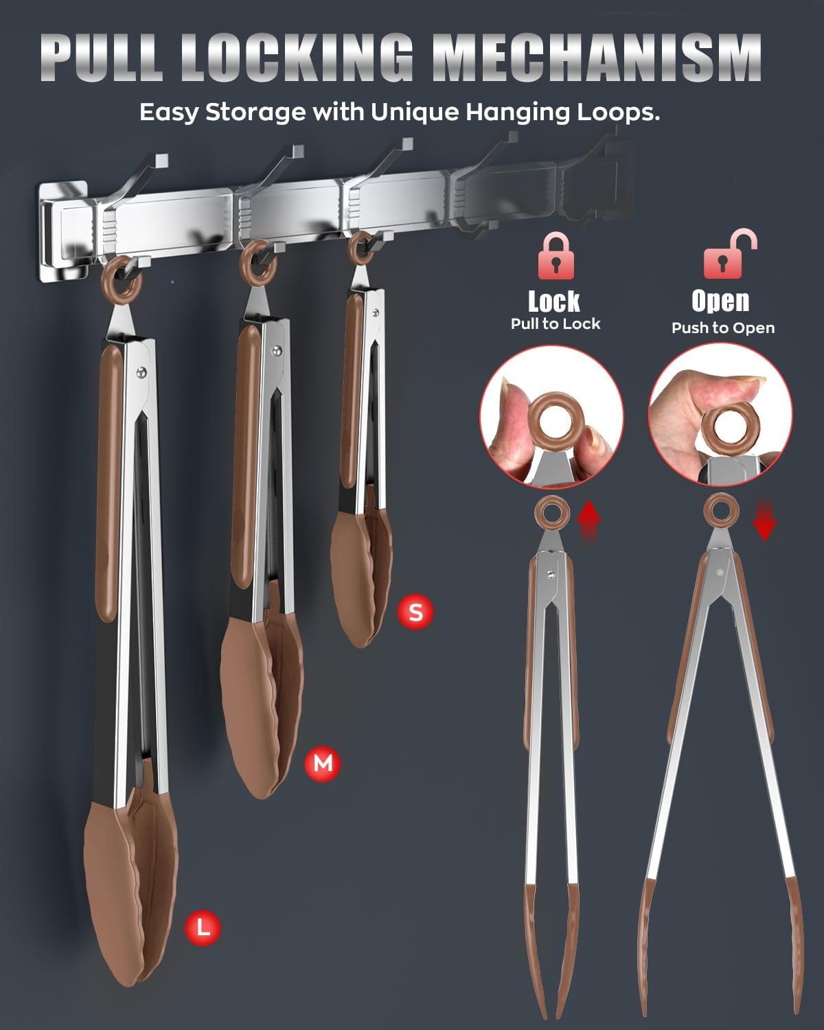 Silicone Kitchen Tongs for Cooking, Stainless Steel, 3PCS, Mud Color