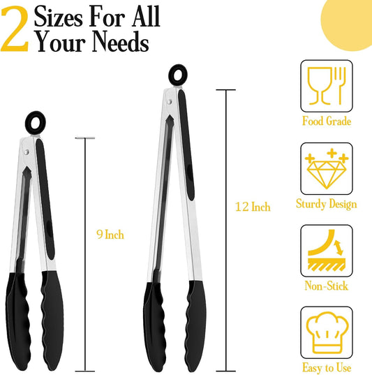 TeamFar Kitchen Tongs, 9"&12" Stainless Steel Heat Resistant Cooking Tongs
