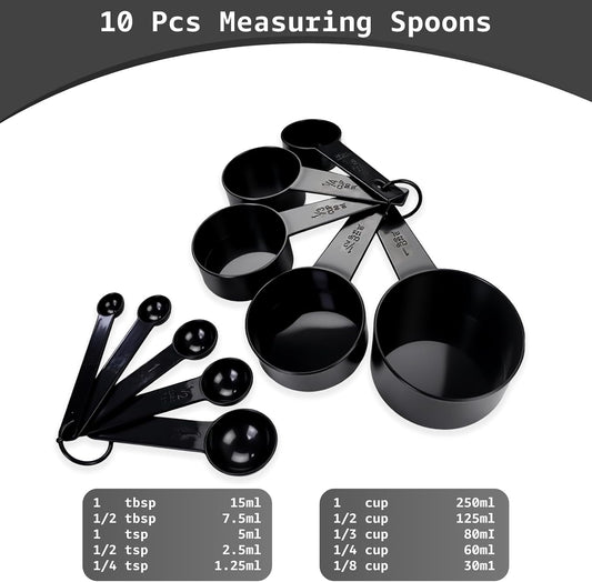 Inmorven 10pcs Measuring Cups and Spoons Set, BPA-Free Plastic Kitchen Baking Tools with Engraved Markings, Stackable Design for Dry & Liquid Ingredients (Black)