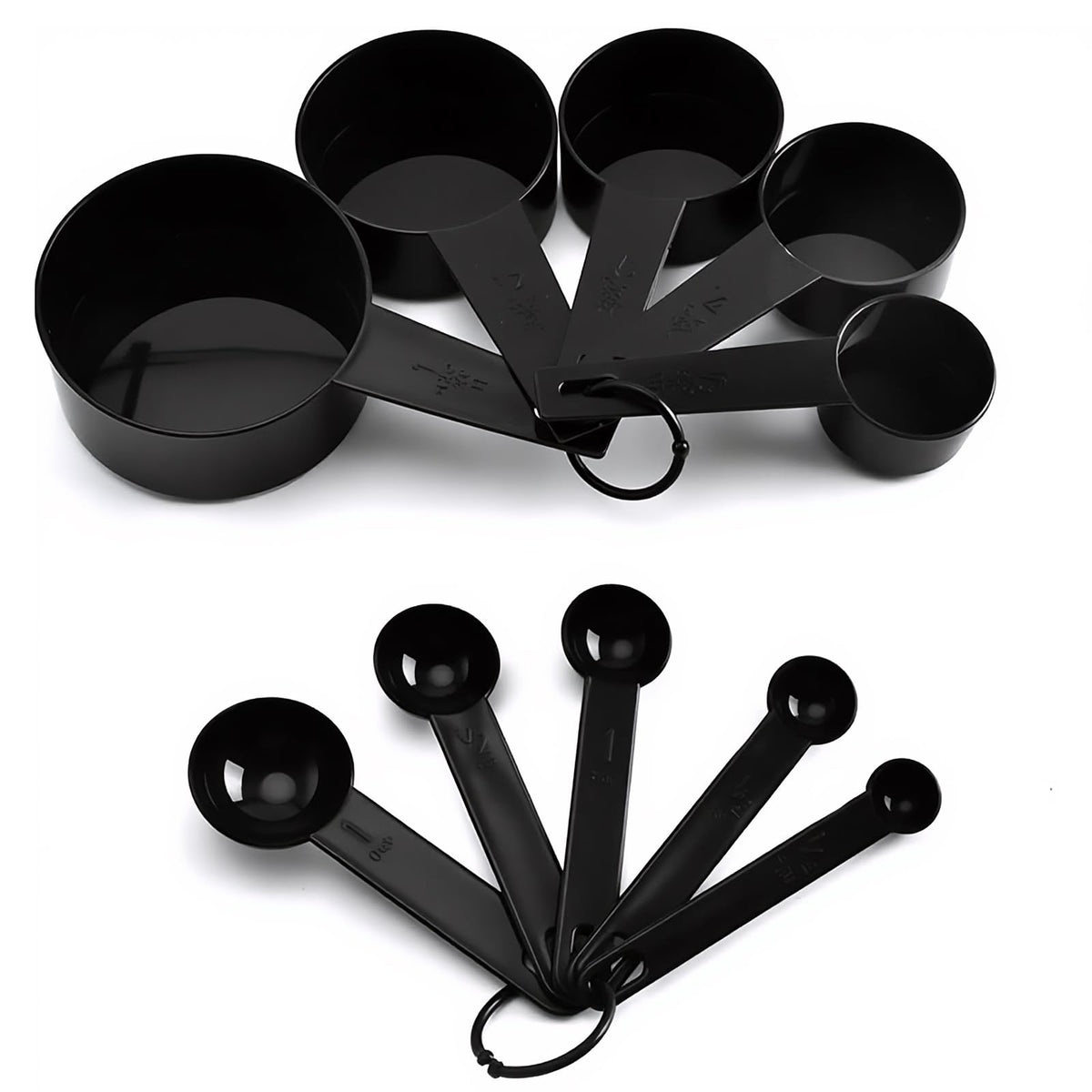 Inmorven 10pcs Measuring Cups and Spoons Set, BPA-Free Plastic Kitchen Baking Tools with Engraved Markings, Stackable Design for Dry & Liquid Ingredients (Black)