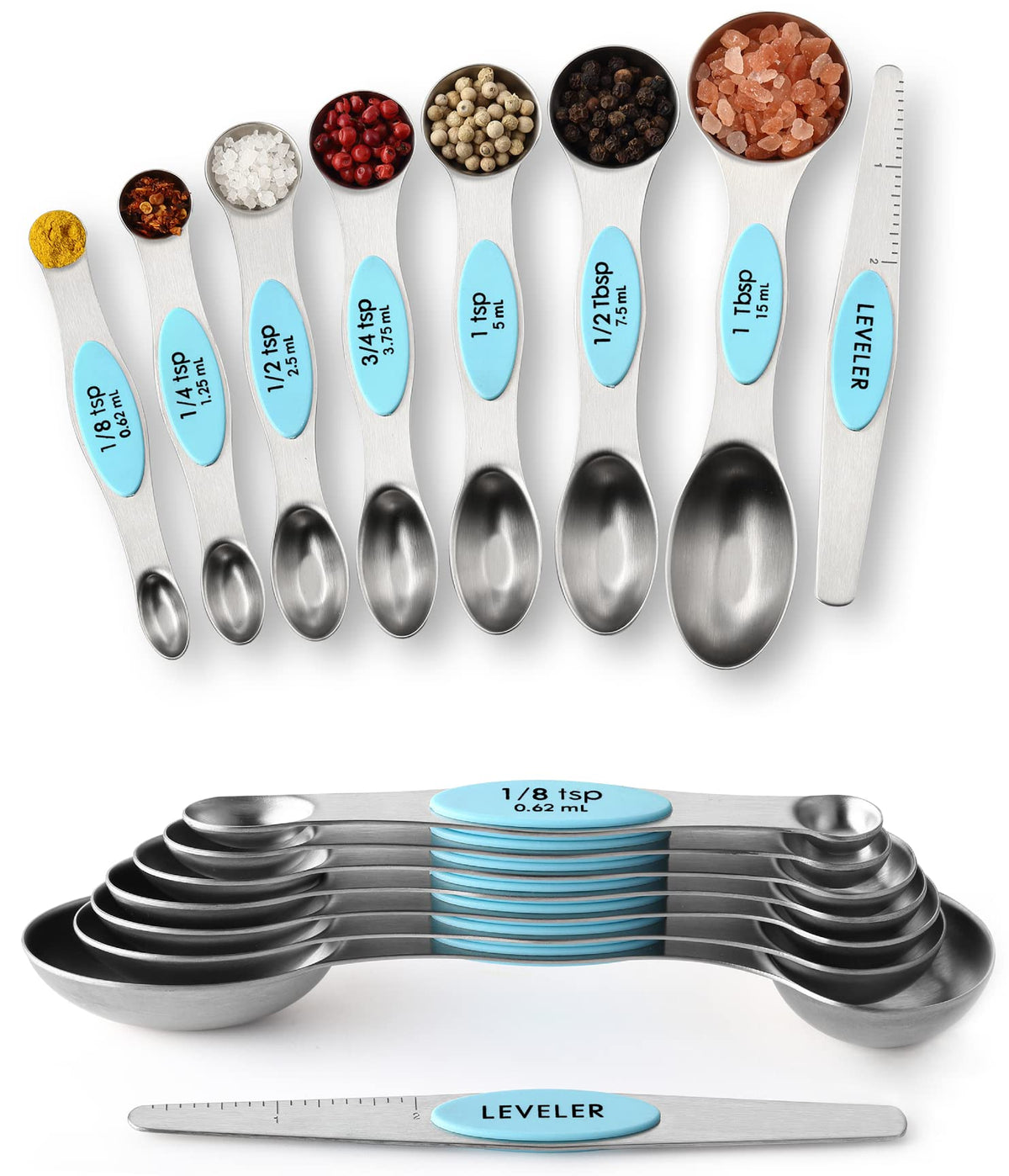 Spring Chef Stainless Steel Magnetic Measuring Spoons Set of 8, Pastel