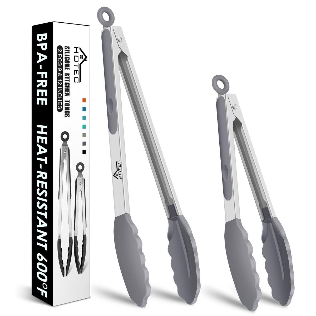 HOTEC Stainless Steel Kitchen Tongs with Silicon Tips, Set of 3-7", 9" &12"