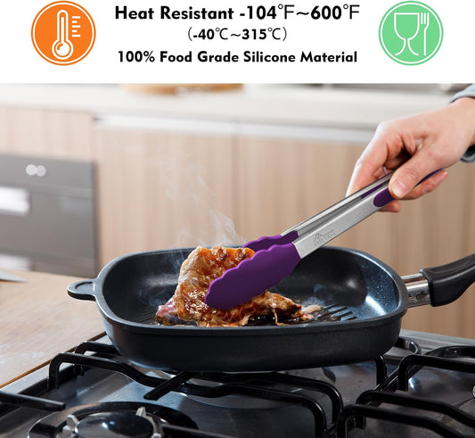 HOTEC Stainless Steel Kitchen Tongs with Silicone Tips, Set of 3-7",9" &12"