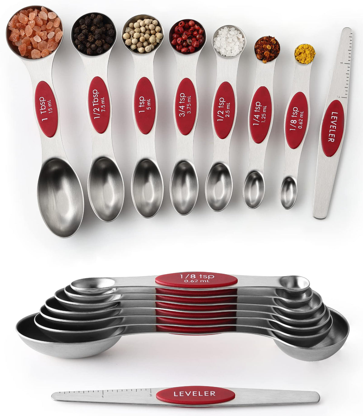 Spring Chef Stainless Steel Magnetic Measuring Spoons Set of 8, Black