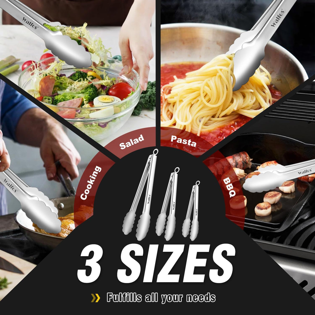 Walfos Kitchen Tongs for Cooking, 600℉ Heat Resistant Stainless Steel Tongs, All Metal Heavy Duty Tongs For Food ,BBQ Grilling - 7 ,9 and 12 Inch ,Set of 3