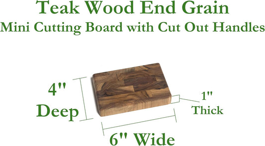 Lipper International Teak Wood End Grain Compact Mini Cutting Board with Cut Out Handles for Small Cooking Spaces, 6" x 4" x 1"