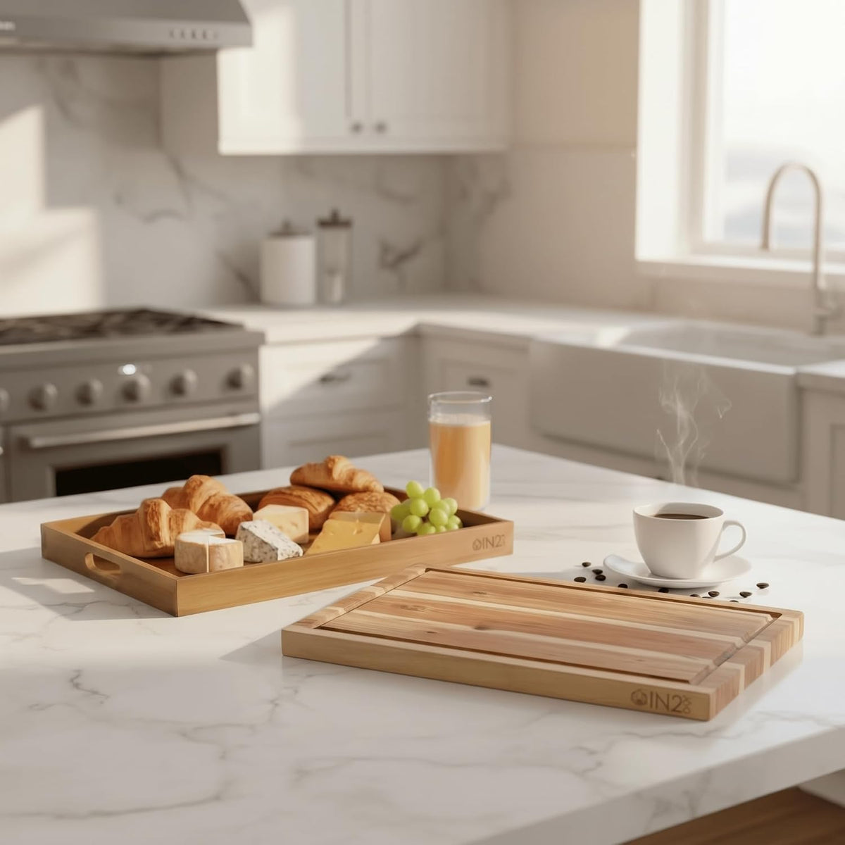 Acacia Wood Cutting Board with Juice Groove & Teak-Look Serving Tray Set