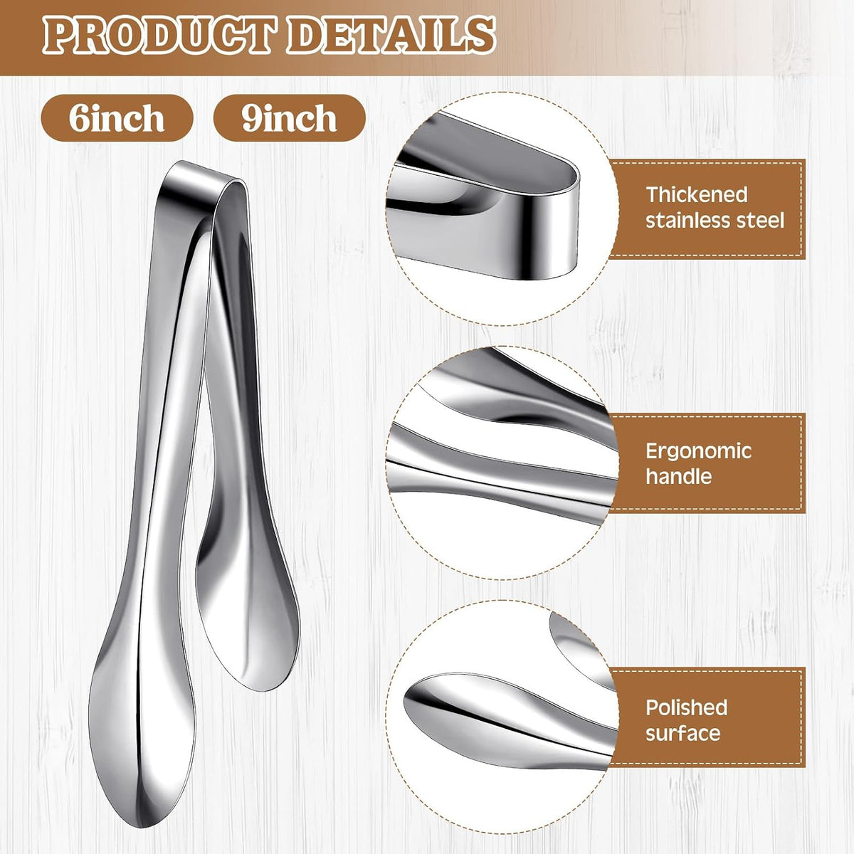 2 Pack Silver Polished Serving Tongs 6 Inch,9 Inch