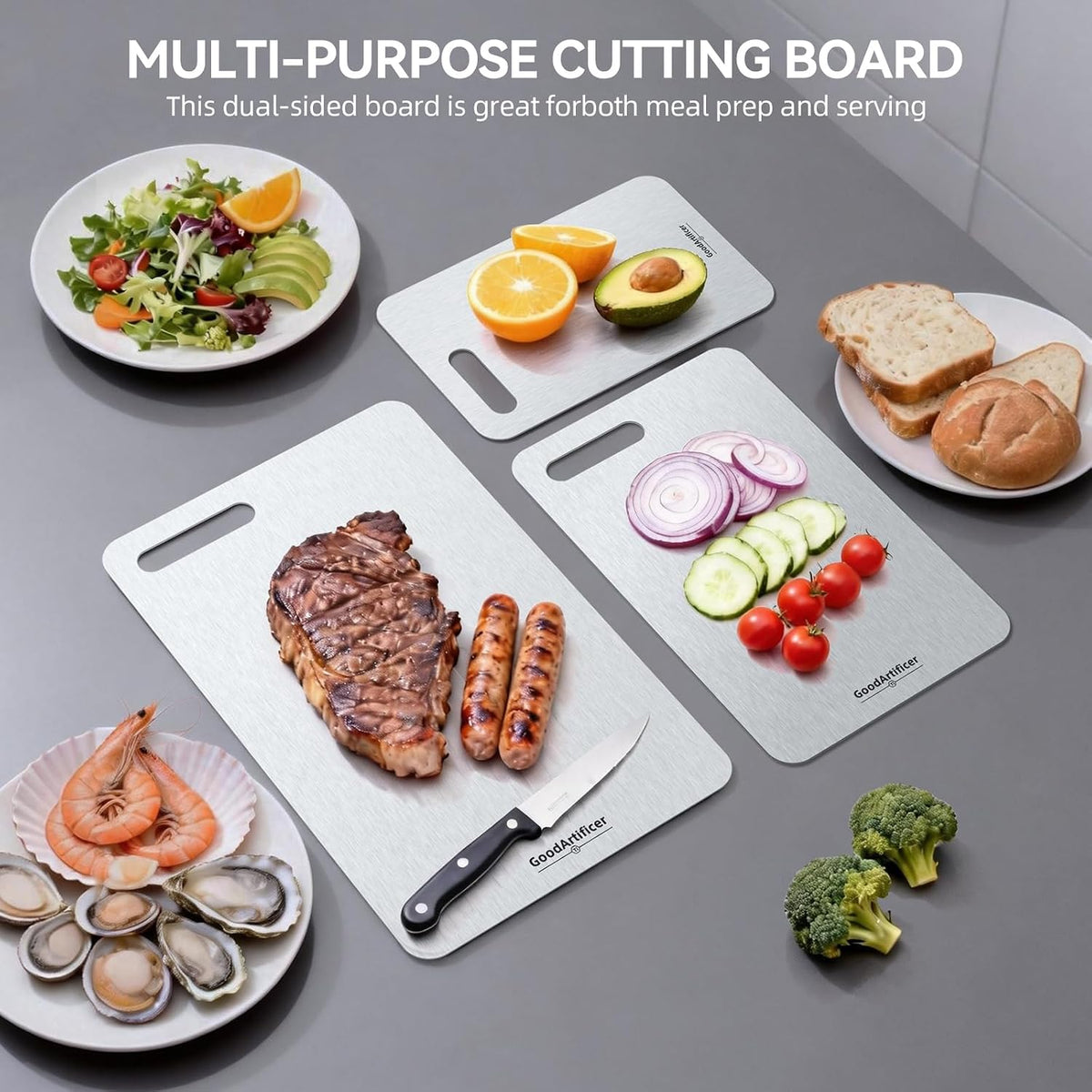 Titanium Cutting Boards Set of 3, 100% Pure Titanium Kitchen Cutting Board, Double-Sided Non-Toxic Cutting Board, Ideal for Slicing and Dicing Meats, Features Handle, Dishwasher Safe