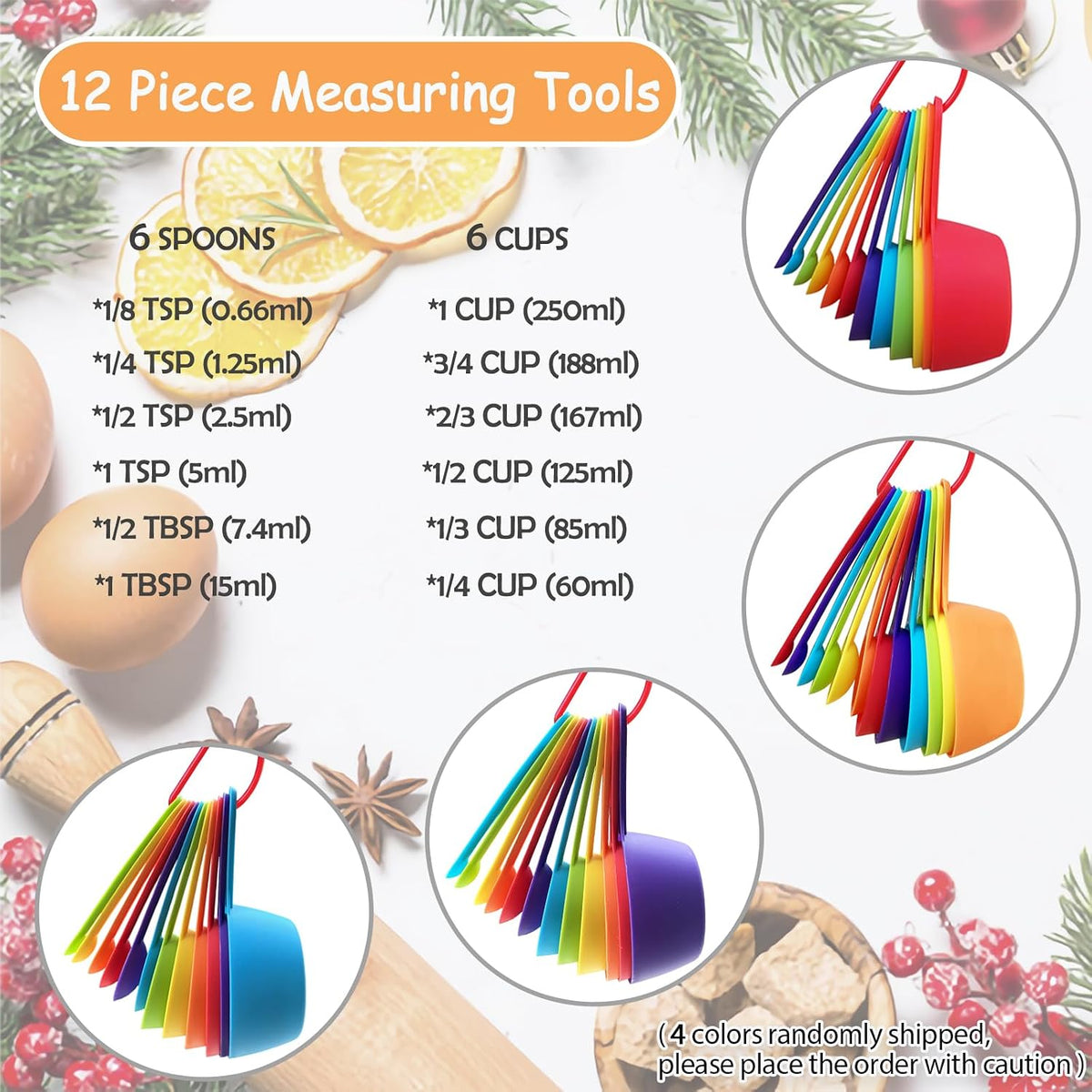 12 Piece Measuring Cups and Spoons Set, Colored Kitchen Measure Tools, Durable Nesting Cups and Spoons for Dry and Liquid, Dishwasher Safe