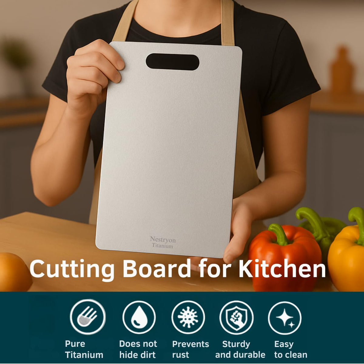 Titanium Cutting Board (13.4" x 9") - 2mm Extra Thick Pure Titanium Chopping Board for Meat & Veggies, Durable Non-Porous & Knife-Safe