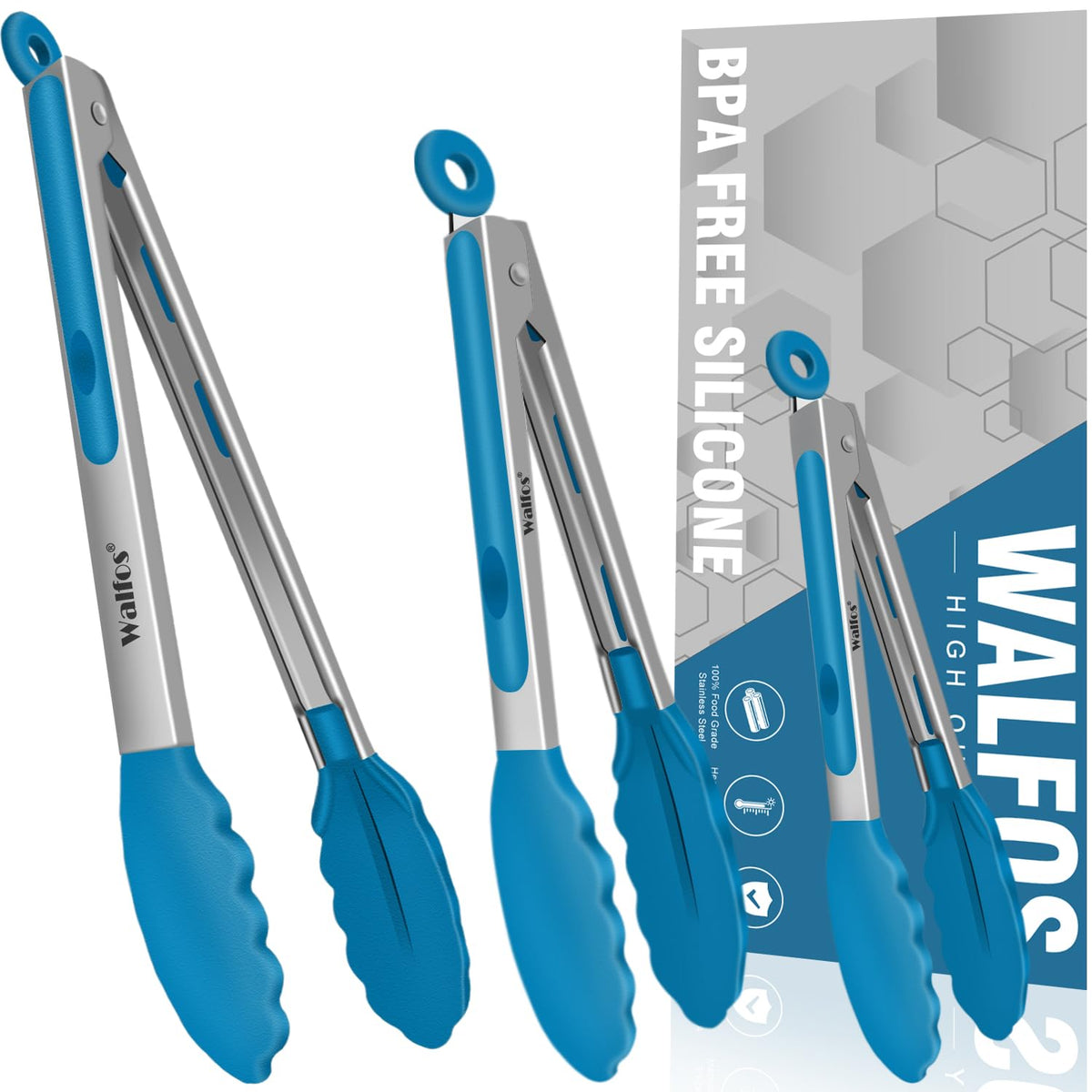 Walfos Kitchen Tongs for Cooking, 600℉ Heat Resistant Stainless Steel Tongs, All Metal Heavy Duty Tongs For Food ,BBQ Grilling - 7 ,9 and 12 Inch ,Set of 3