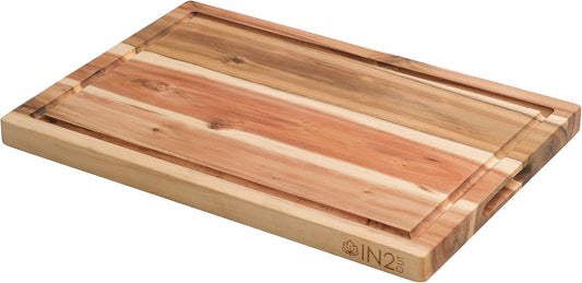 Acacia Wood Cutting Board with Juice Groove & Teak-Look Serving Tray Set