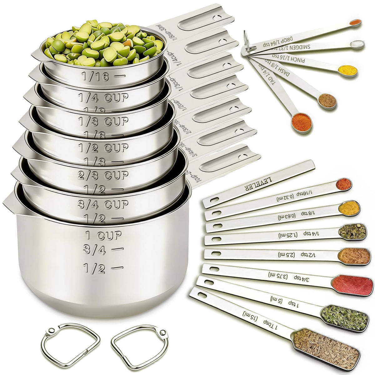 EWFEN Measuring Cups and Spoons Set, 7 Stainless Steel Nesting Measuring Cups & 7 Spoons, 5 Mini Measuring Spoons &1 Leveler, Kitchen Gadgets for Cooking & Baking, Square