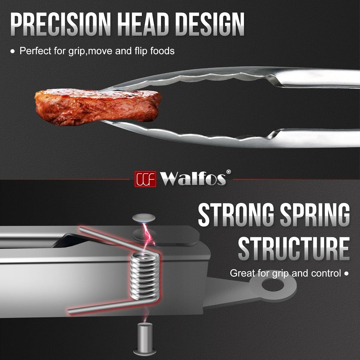 Walfos Kitchen Tongs for Cooking, 600℉ Heat Resistant Stainless Steel Tongs, All Metal Heavy Duty Tongs For Food ,BBQ Grilling - 7 ,9 and 12 Inch ,Set of 3