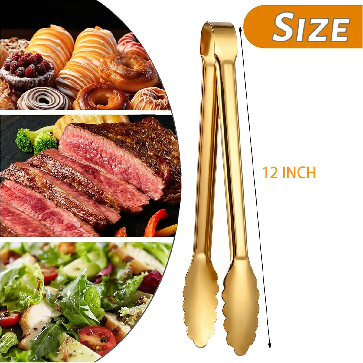 4 Pack Serving Tongs 12 Inch Salad Tongs Buffet Tongs Stainless Steel Food Tong Serving Utensils for Buffet Wedding Party Catering (12 Inch, Gold)