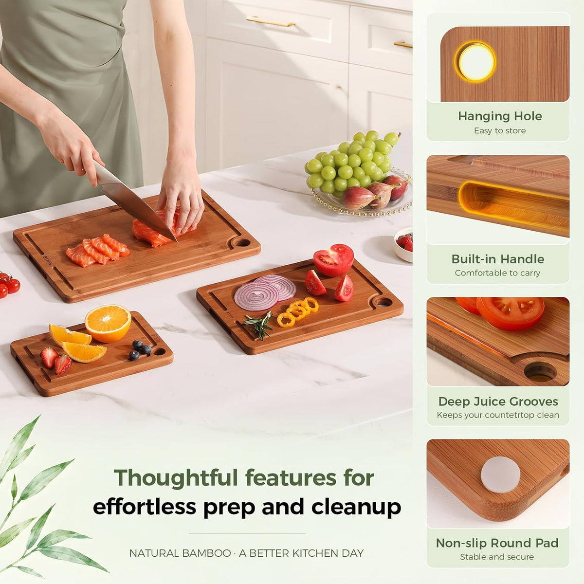 Bamboo Cutting Board 3-Piece,Wood Cutting Board Set for Kitchen