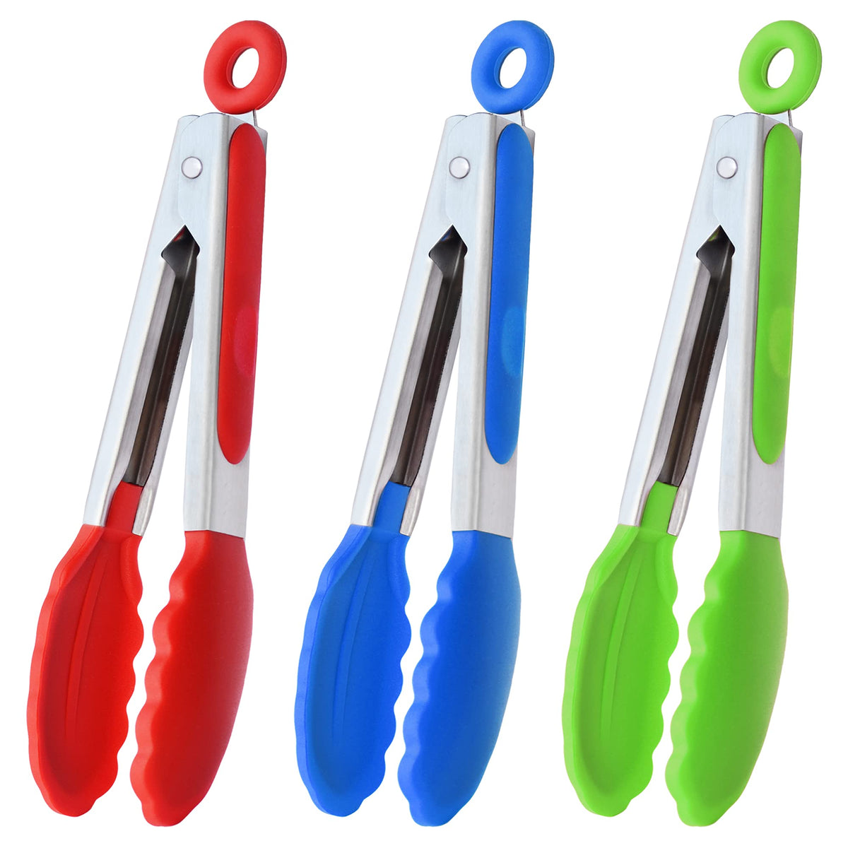 HINMAY Mini Tongs with Silicone Tips 7-Inch Kitchen Tongs, Set of 3 (Black)