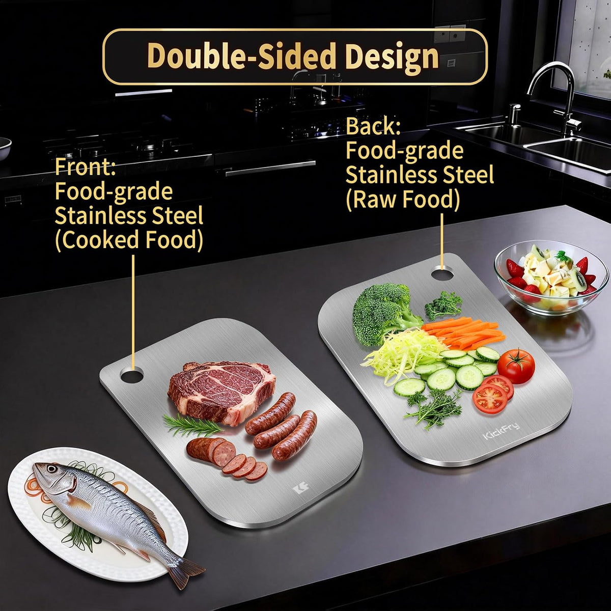 KickFry 13" x 9" Stainless Steel Cutting Boards Chopping Board for Kitchen