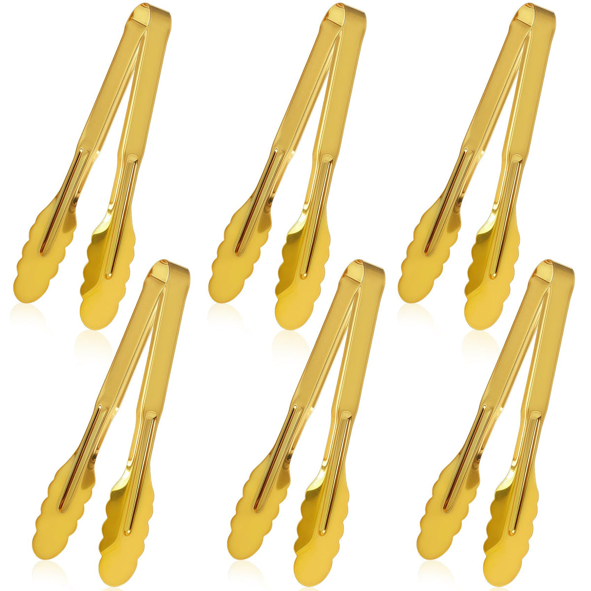 6 Pack Stainless Steel Serving Tongs, 9 Inch Gold Salad Tongs Serving Utensils Buffet Tongs Gold Plated Heavy Duty Reusable Metal Kitchen Clips for Salad, Snack, Barbecue, Catering, Wedding, Party