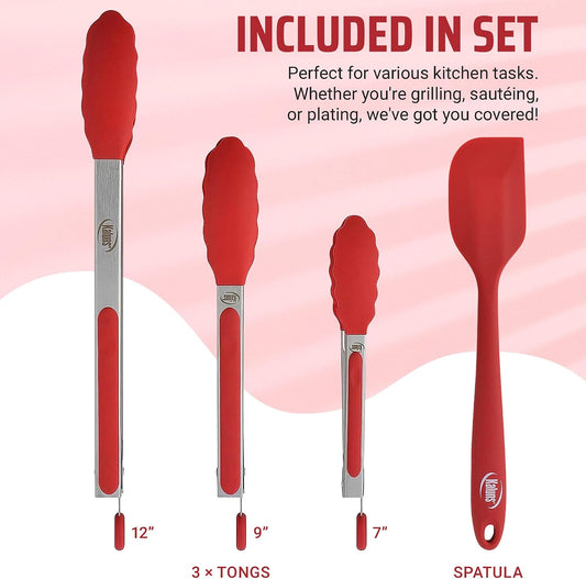 Kaluns Kitchen Tongs for Cooking Grilling Set of 4, BBQ Grill Tongs With Silicone Tip Stainless Steel Heat Resistant, Non-stick Pull Lock, Incl 7, 9, 12 Inch Tong Plus a Silicone Spatula