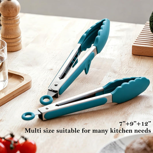 Kitchen Tongs for Cooking with Silicone Tips, 3 Size Mini Tong Peacock Blue