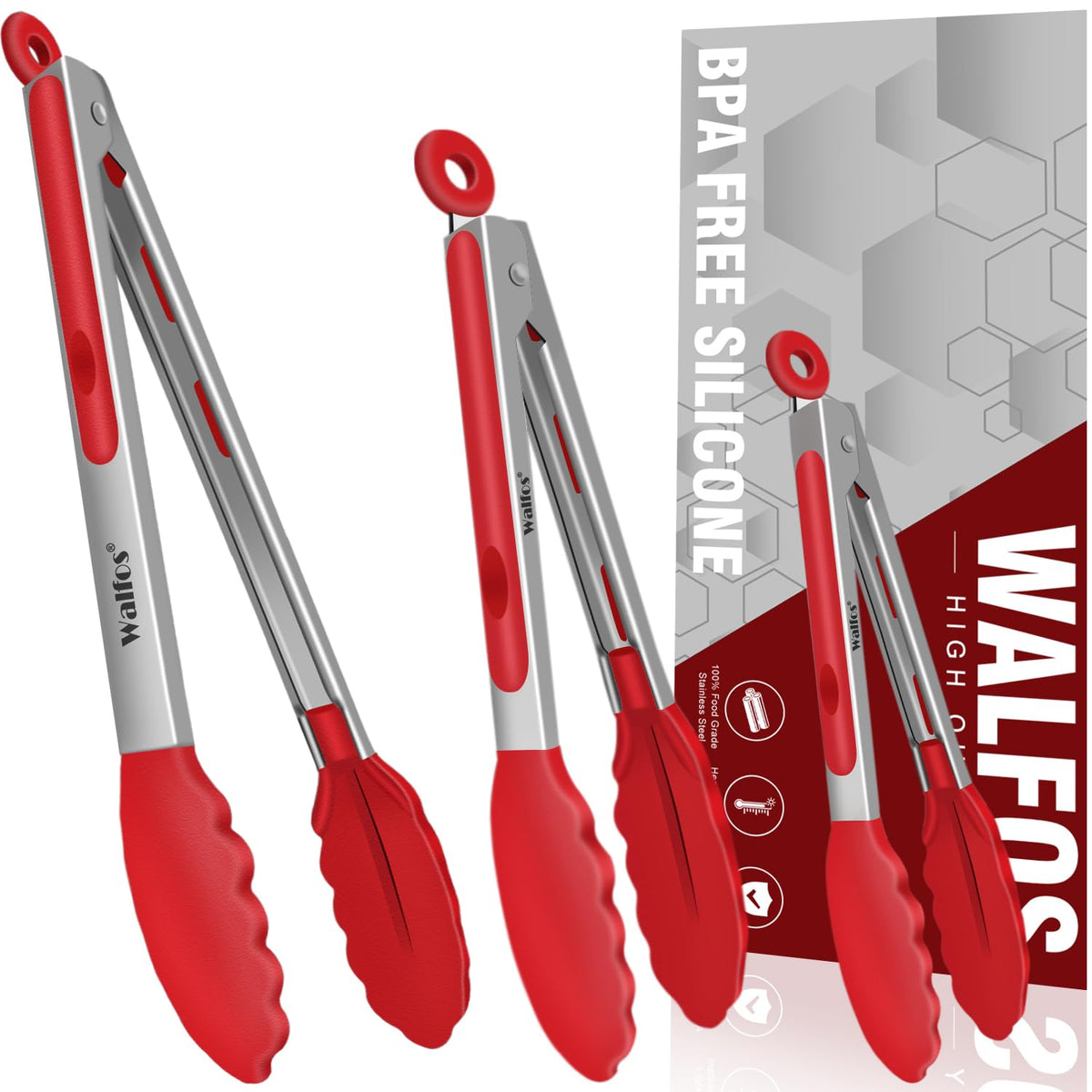 Walfos Kitchen Tongs for Cooking, 600℉ Heat Resistant Stainless Steel Tongs, All Metal Heavy Duty Tongs For Food ,BBQ Grilling - 7 ,9 and 12 Inch ,Set of 3