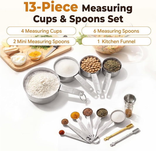 13 PCS Stainless Steel Measuring Cups and Spoons Set for Baking and Cooking