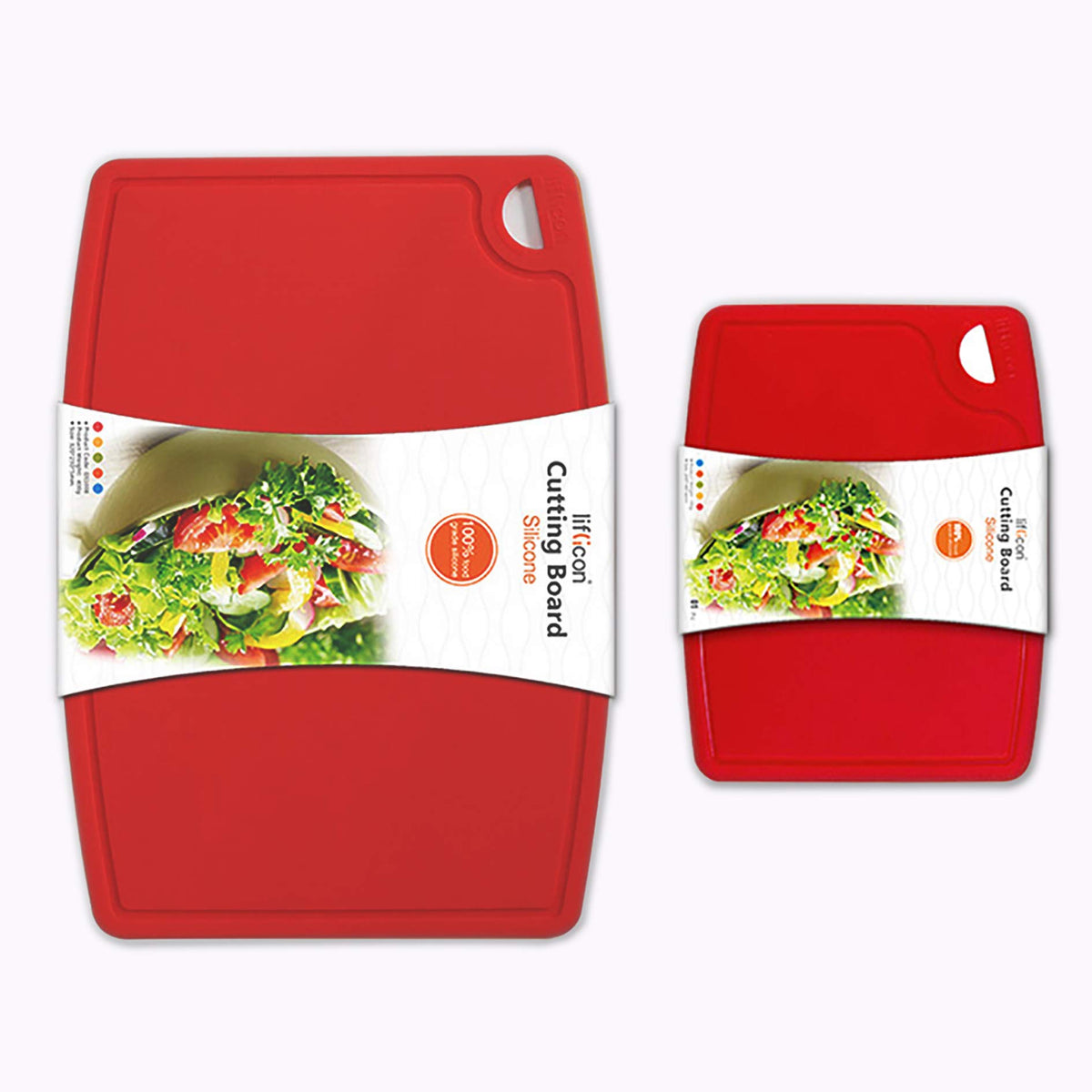 Liflicon Thick Silicone Cutting Board 12.6'' x 9.1'' Juice Grooves Easy Grip Handle Dishwasher Safe-Red