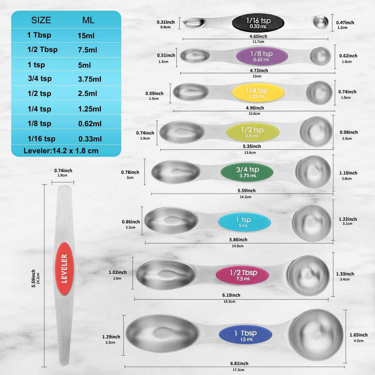 Magnetic Measuring Spoons Set of 9 with Leveler, Color-Coded Dual Sided Stainless Steel Measuring Spoon Set, Stackable Teaspoon and Tablespoon Set for Baking, Cooking, Kitchen Gadgets Dishwasher Safe