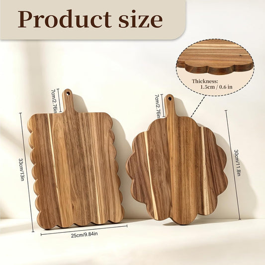 Acacia Wood Scalloped Cutting Boards Set of 2 - Decorative Wooden Charcuterie Board with Handles, Farmhouse Kitchen Serving Trays for Cheese, Meat, Fruit, Bread, Cottagecore Home Decor