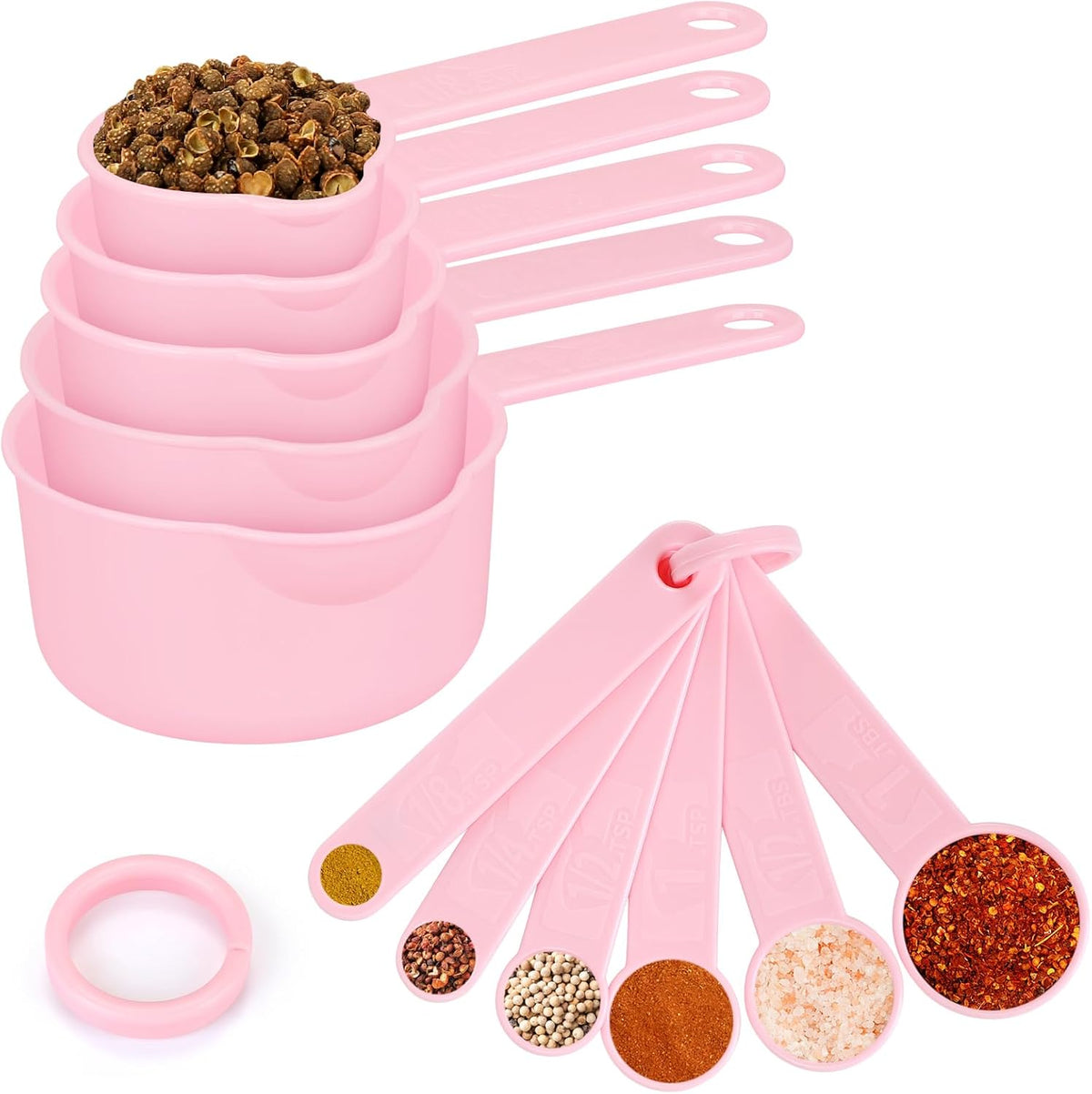 Accmor Measuring Cups & Spoons Set, Measuring Cup Set, Plastic Stackable Cups and Spoons, 11 Pcs Different Capacities Tablespoons Kitchen Gadgets Nesting Measure Sets for Dry Liquid Ingredients (Pink)