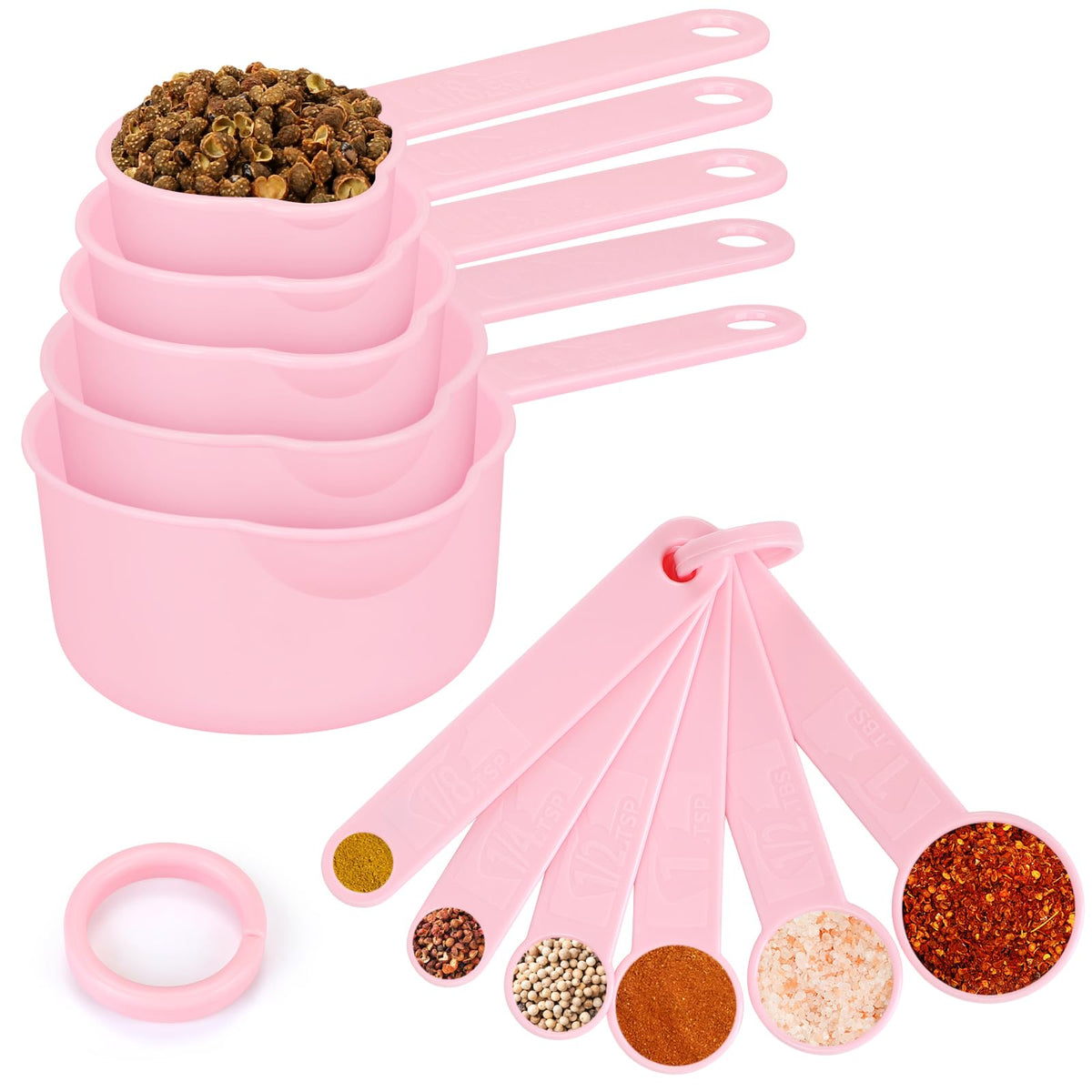 Accmor Measuring Cups & Spoons Set, Measuring Cup Set, Plastic Stackable Cups and Spoons, 11 Pcs Different Capacities Tablespoons Kitchen Gadgets Nesting Measure Sets for Dry Liquid Ingredients (Pink)