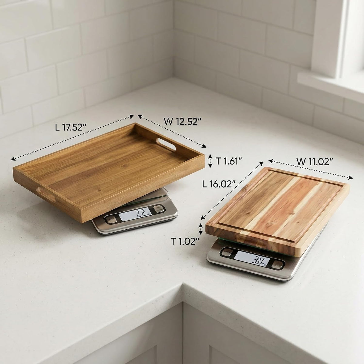 Acacia Wood Cutting Board with Juice Groove & Teak-Look Serving Tray Set