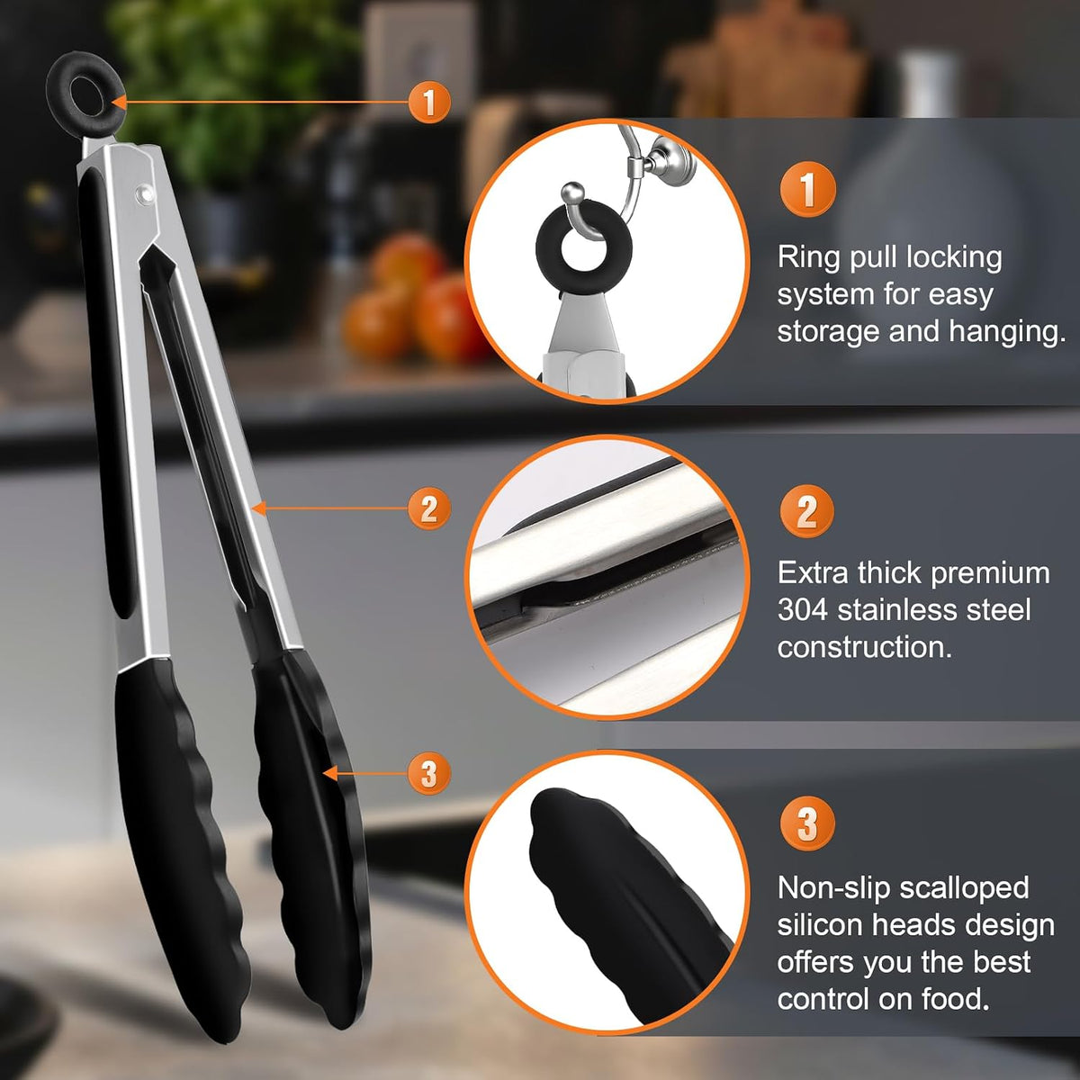 2 Pack Black Premium Stainless Steel Heat Resistant Kitchen Tongs for cooking,set of 9" and 12",Non Scratch Silicone cooking Tong Tip for Cooking Pans,Strong Grip BBQ tongs for Grabbing Hot Food